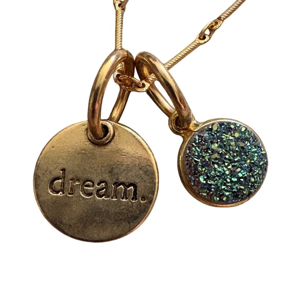 be Gold Tone Dream Stamped Disc and Blue Green Druzy Charm Station Necklace